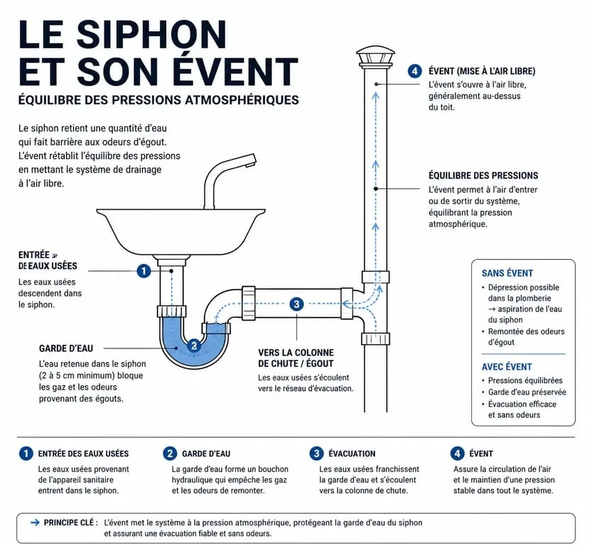 Schéma de fonctionnement d'un évent de plomberie et d'un siphon pour éviter les mauvaises odeurs
