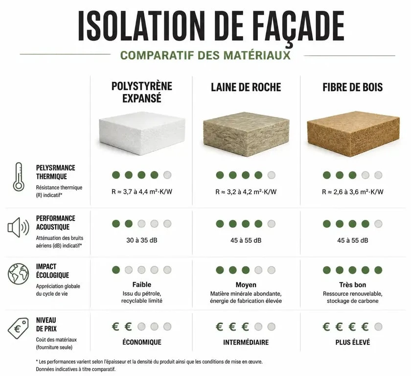 Comparatif des matériaux pour crépi isolant : polystyrène, laine de roche et fibre de bois