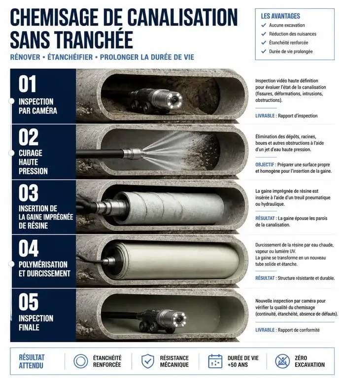 Schéma explicatif des étapes du chemisage de canalisation pour la réparation sans tranchée