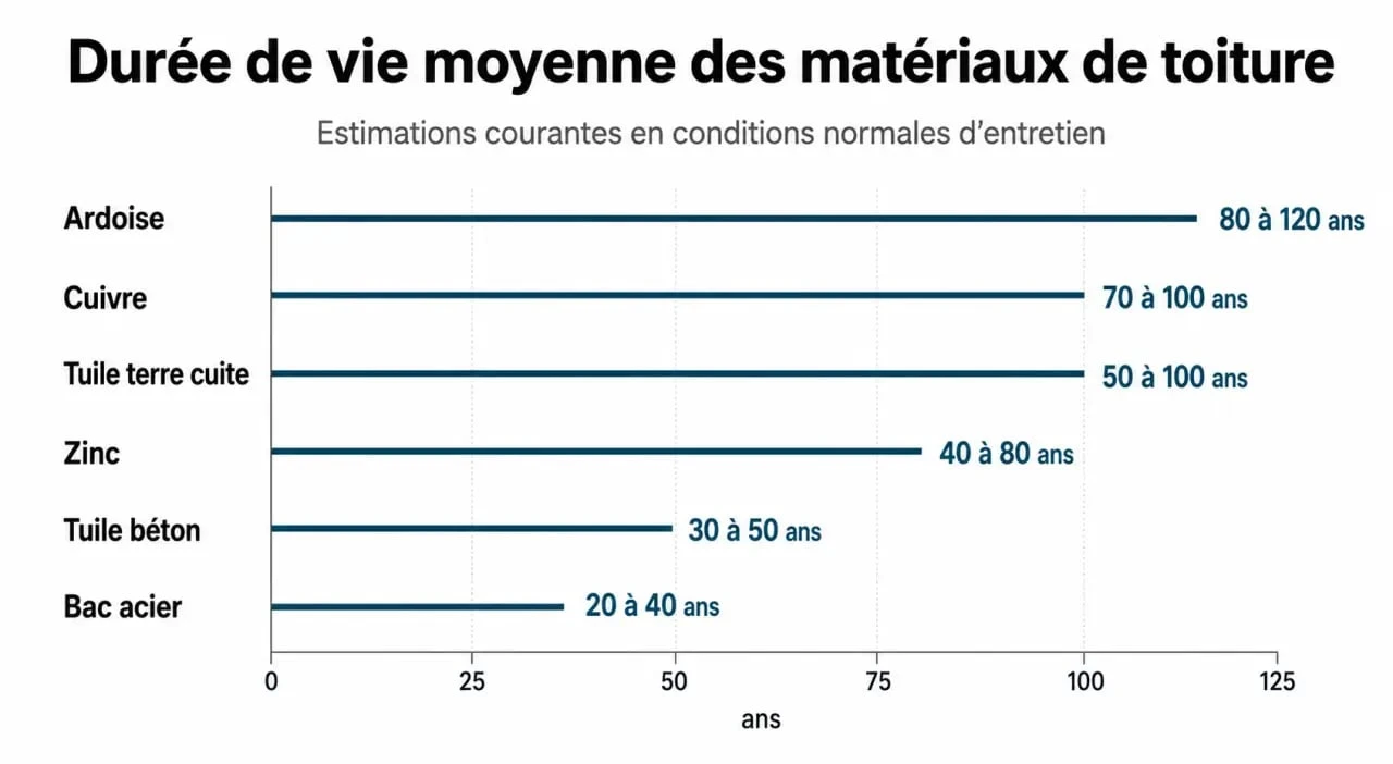 Infographie comparant la durée de vie des matériaux de toiture : ardoise, tuile, zinc et bac acier.