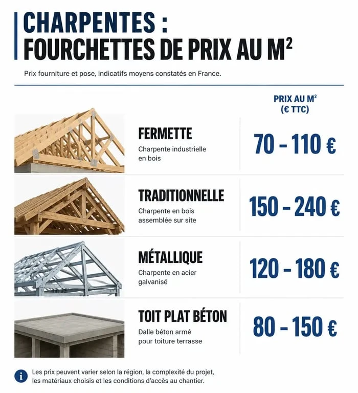 Comparatif des prix au m2 par type de charpente pour vos travaux de construction ou rénovation