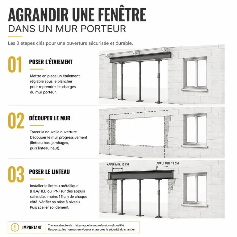 Schéma technique des étapes pour agrandir une fenêtre dans un mur porteur