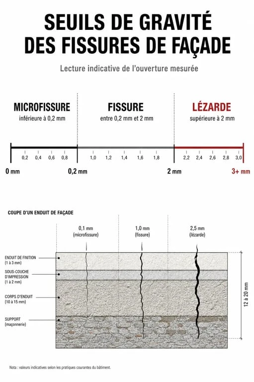 Schéma des seuils de gravité des fissures et microfissures sur un crépi extérieur de façade