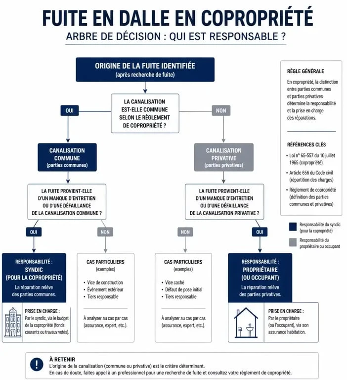 Infographie décisionnelle pour déterminer la responsabilité d'une fuite en dalle en copropriété