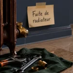 fuite radiateur sur carrelage avec outils