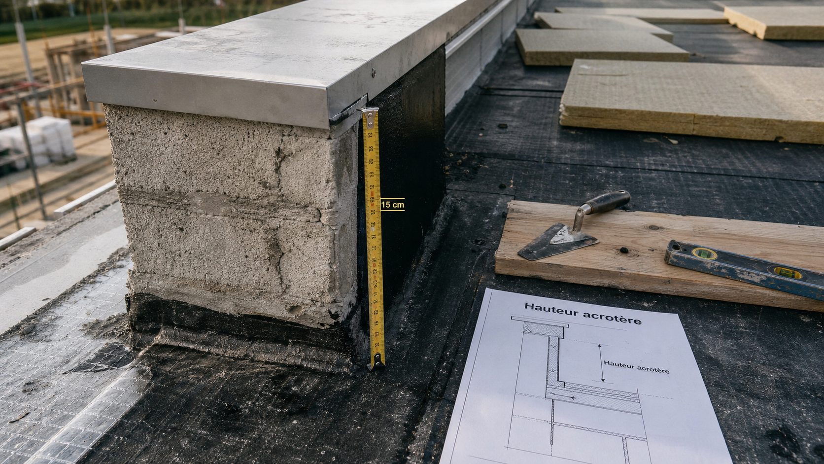 Hauteur acrotère : muret d’étanchéité sur toiture-terrasse, relevé mesuré
