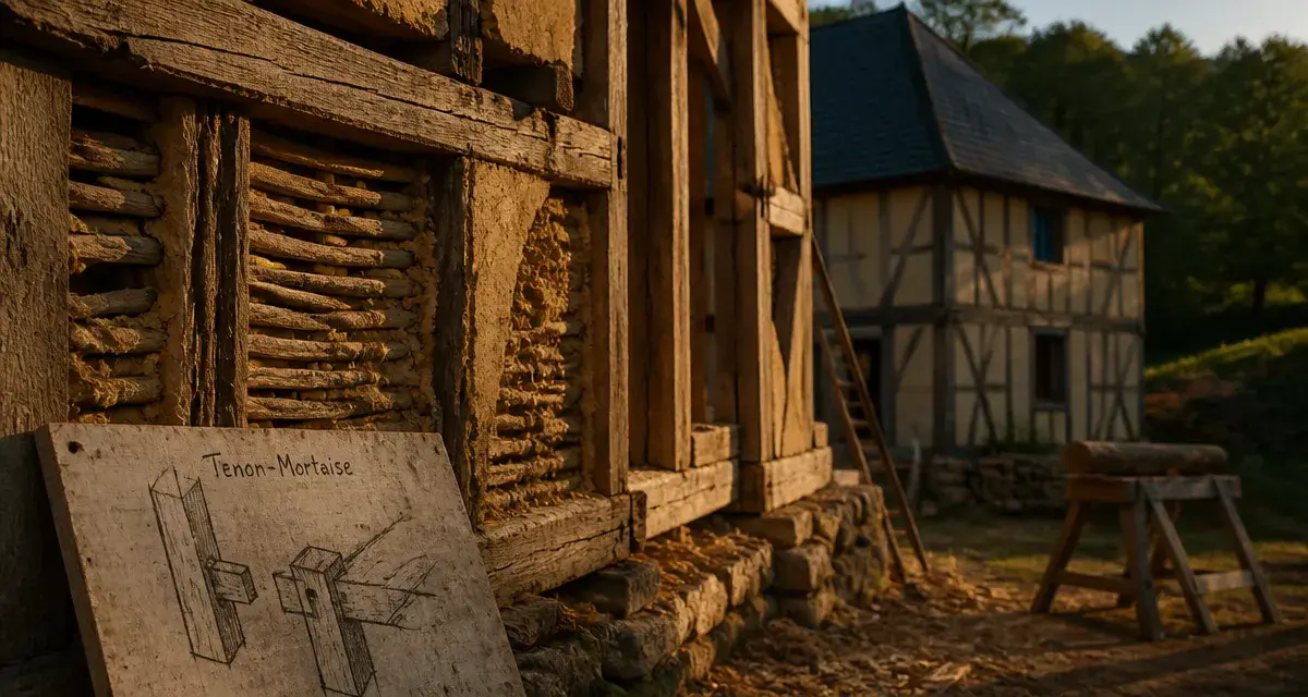 Maison à colombage avec ossature en bois et torchis, aperçu structure