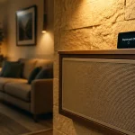 Panneau rayonnant mural en salon, lueur chaude infrarouge sur un mur