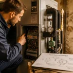 Technicien vérifie une pompe a chaleur air-eau, cycle thermodynamique