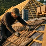 Prix au m2 tuile plate : couvreur ajuste des tuiles plates sur toiture