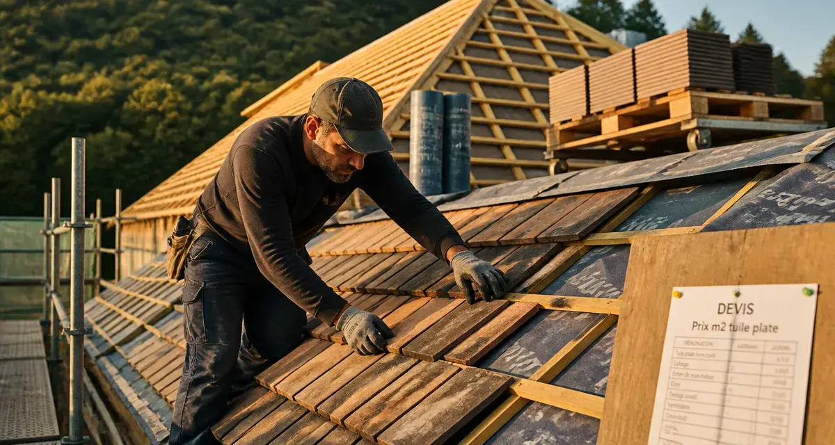 Prix au m2 tuile plate : couvreur ajuste des tuiles plates sur toiture