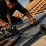 Prix d un toit en zinc : artisan pose des feuilles de zinc