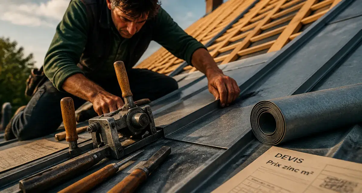 Prix d un toit en zinc : artisan pose des feuilles de zinc