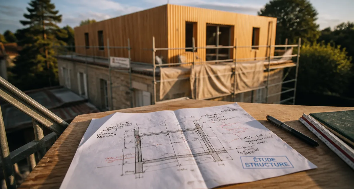 Prix surélévation maison 40m2 : étude structure sur chantier