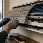 Climatiseur nettoyage : technicien nettoie filtres et condensats