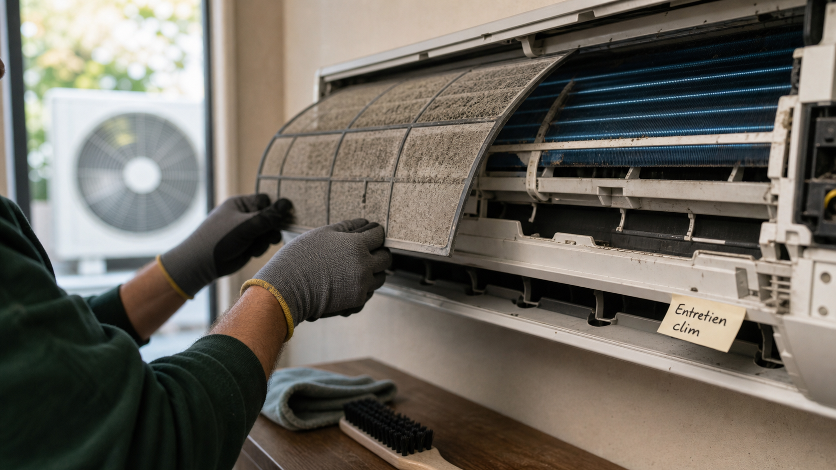 Climatiseur nettoyage : technicien nettoie filtres et condensats