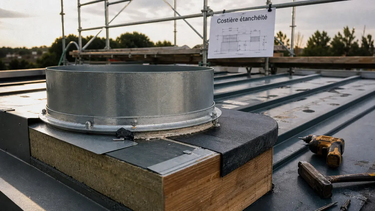Costière toiture en acier galvanisé sur gaine de ventilation, relevé d’étanchéité