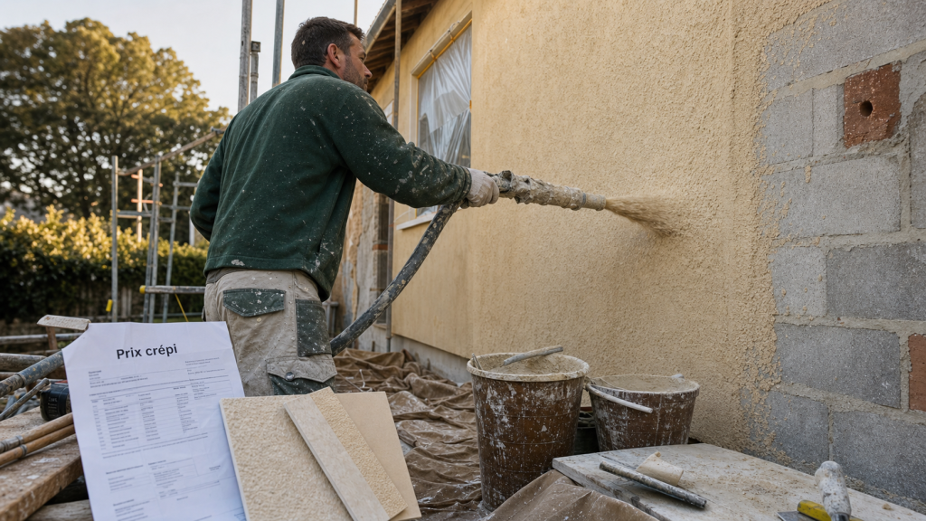 Crepi prix m2 : façadier projette le crépi sur une façade