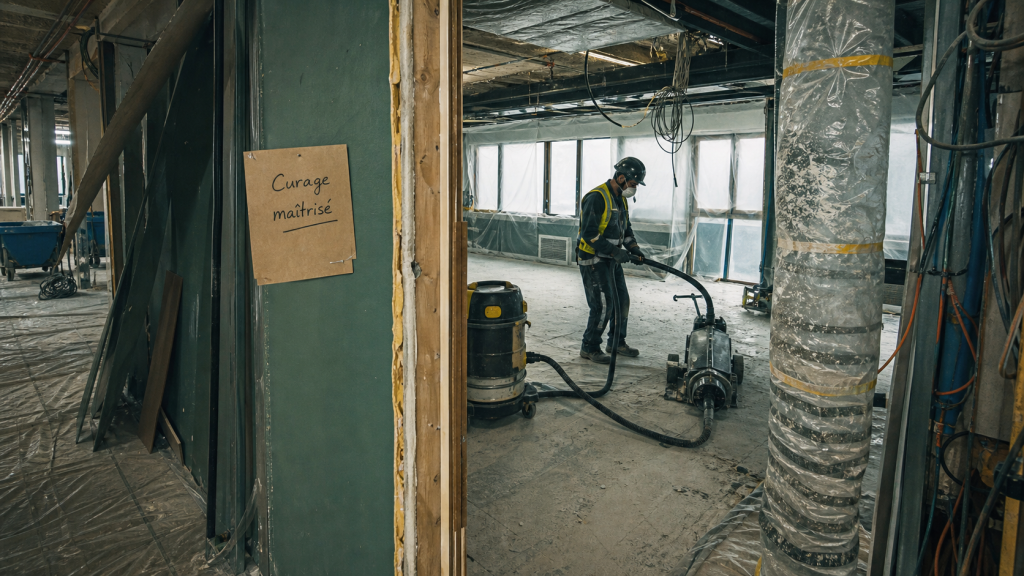 Curage batiment : intérieur en rénovation, cloison et faux plafond déposés