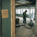 Curage batiment : intérieur en rénovation, cloison et faux plafond déposés