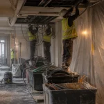 Curage batiment : équipe retire un faux plafond dans un couloir d’immeuble
