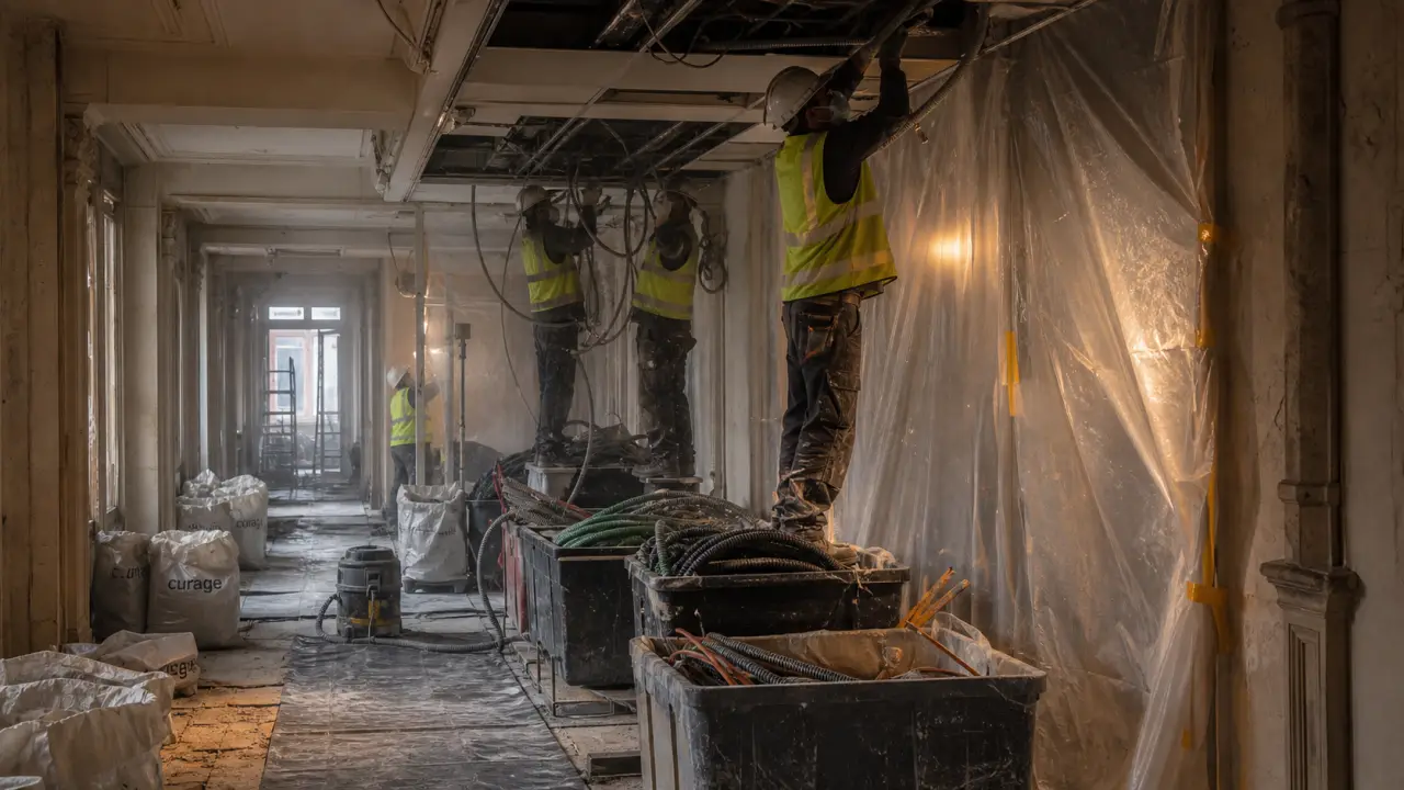 Curage batiment : équipe retire un faux plafond dans un couloir d’immeuble