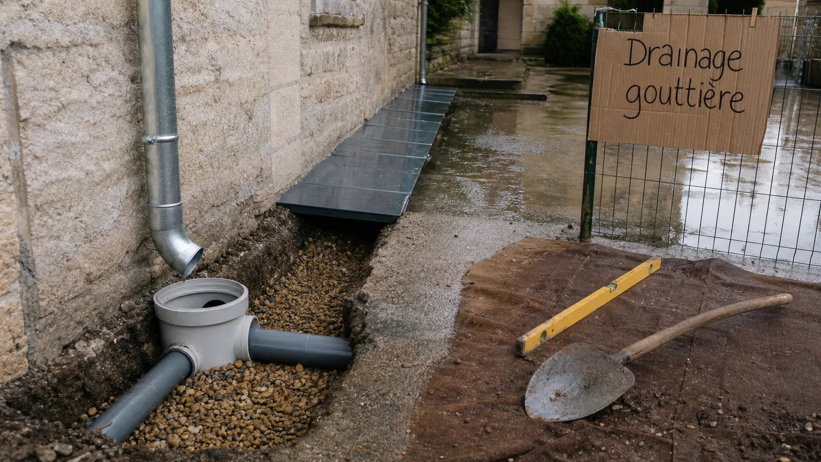 Drainage eau de pluie gouttière : descente zinc vers regard PVC et tuyau enterré