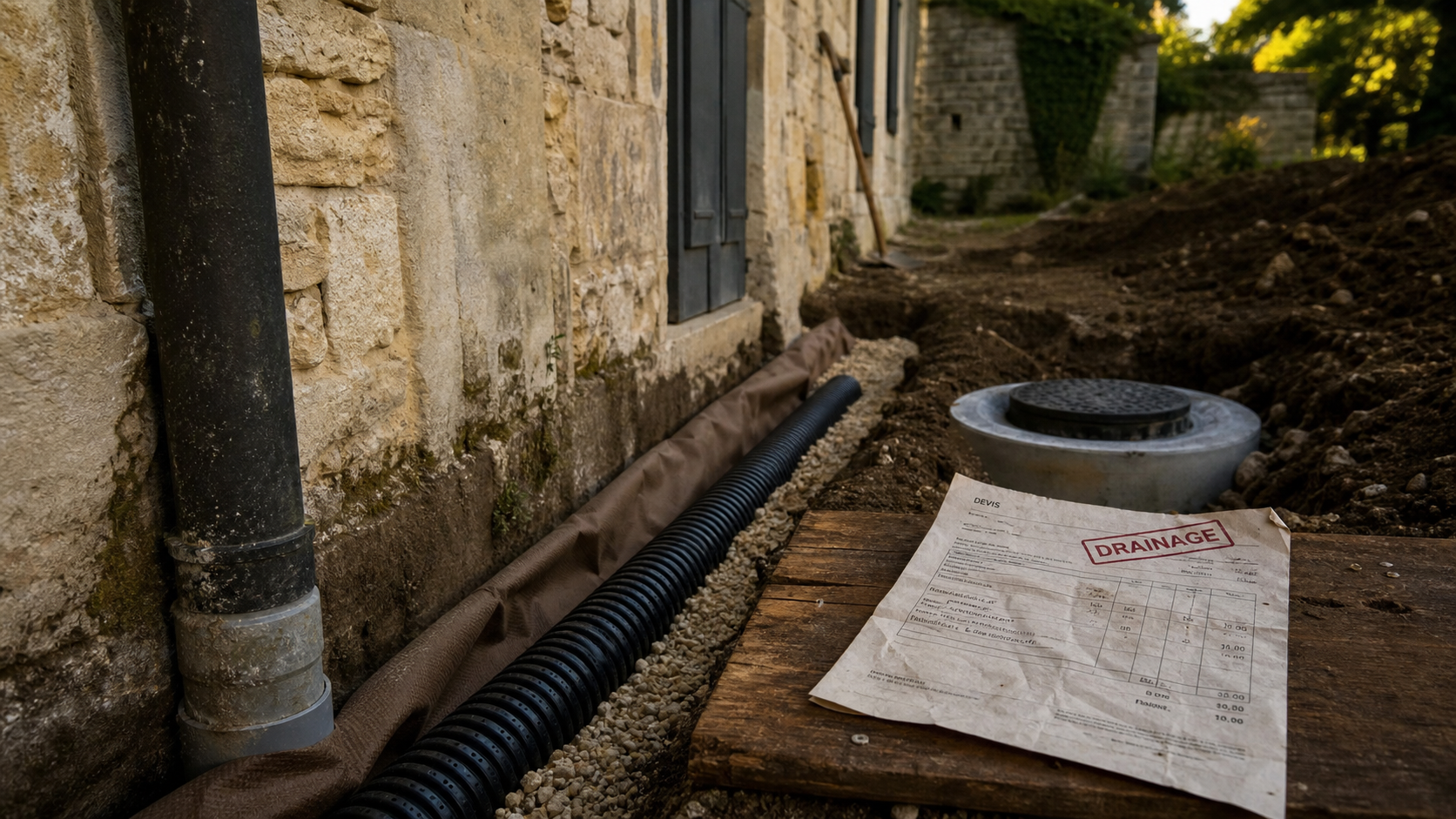 Drainage maison ancienne prix : tranchée, tuyau perforé