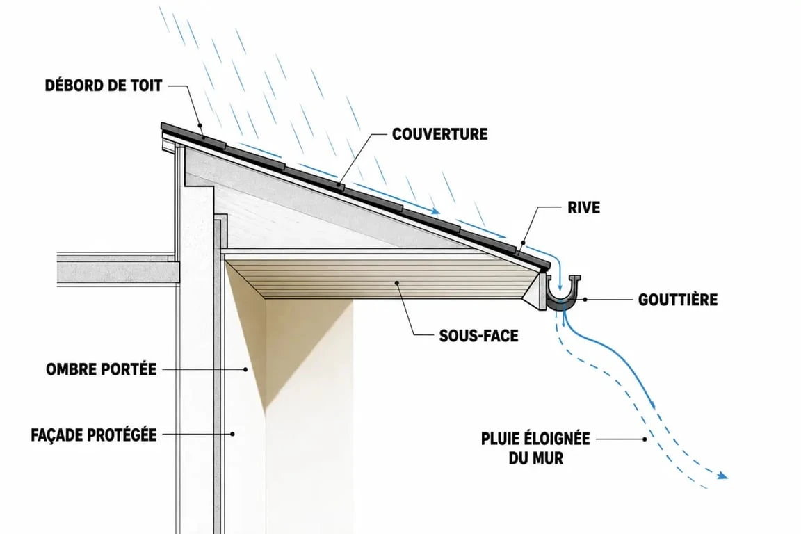 Débord de toit illustré sur une maison, avec sous-face et protection de façade