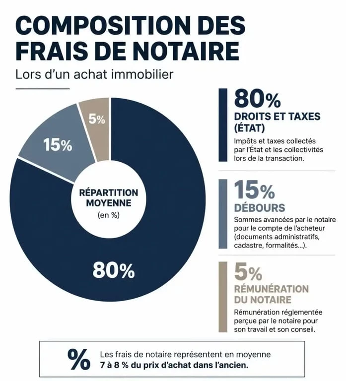 Infographie montrant la répartition des frais de notaire lors d'un achat immobilier : droits, taxes et émoluments.