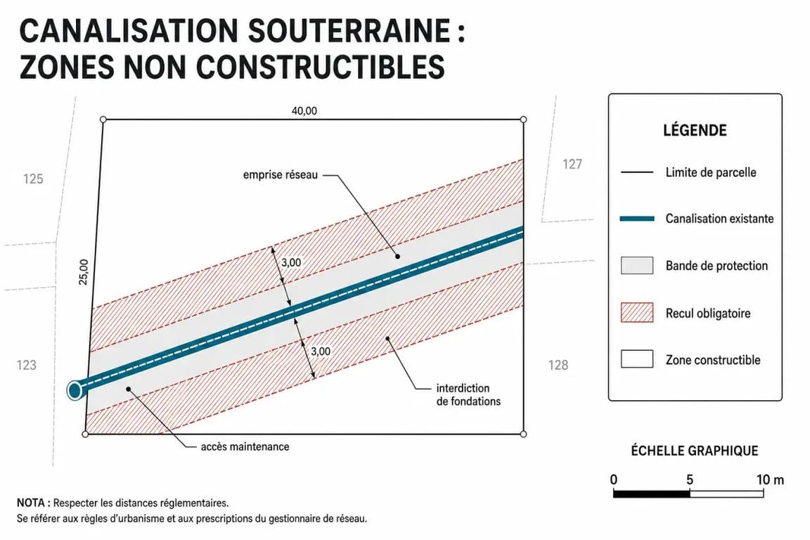 Schéma illustrant l'impact d'une servitude de canalisation sur la constructibilité d'un terrain lors d'un achat
