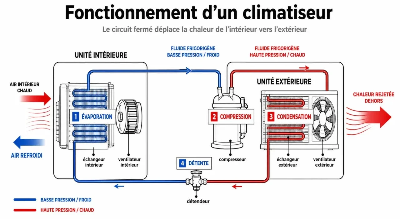 Schéma du fonctionnement climatiseur avec unité intérieure, unité extérieure et cycle du fluide frigorigène