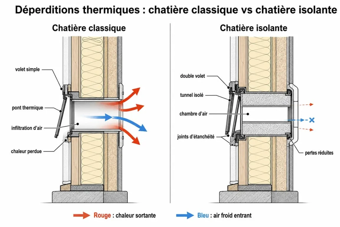 Schéma comparatif des déperditions thermiques entre une chatière classique et une chatière isolante pour une meilleure efficacité énergétique.