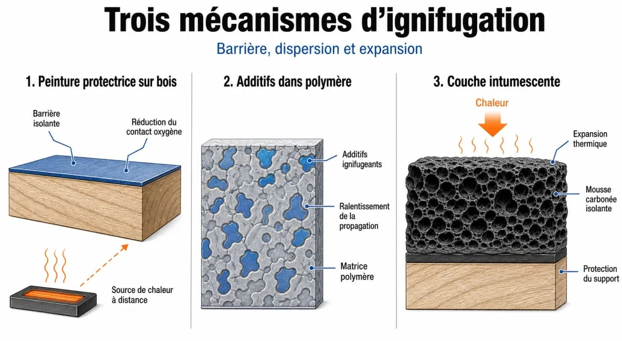 Schéma des trois mécanismes d'ignifugation : traitement de surface, additifs et systèmes intumescents pour matériaux ignifuges