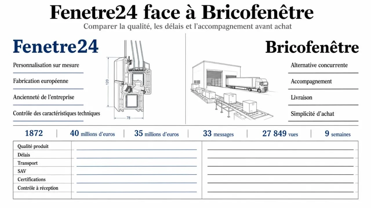 Fenêtre 24 avis : infographie éditoriale comparant Fenetre24 et Bricofenêtre sur la qualité, les délais, la livraison et le SAV