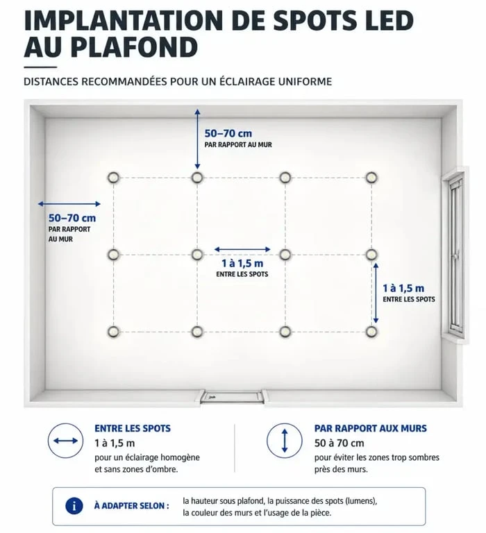 Schéma de répartition des spots LED au plafond pour un éclairage optimal par m2