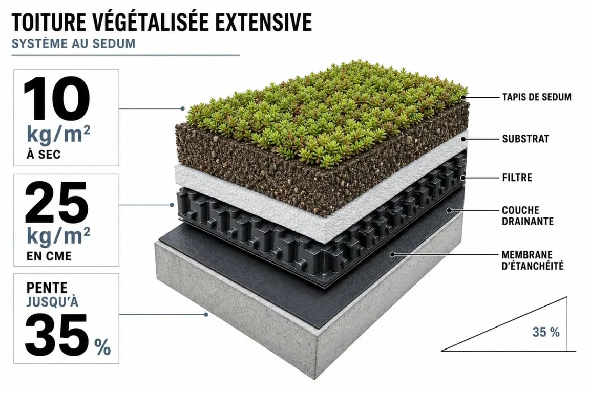 Toiture sedum en coupe avec couches techniques et repères de poids