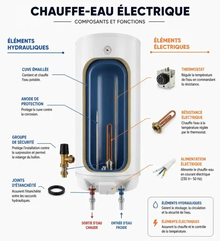 Schéma explicatif des composants d'un chauffe-eau pour le dépannage chauffe eau : distinction entre pannes hydrauliques et électriques.