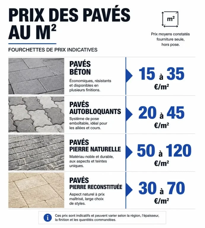 Infographie comparative des prix au m2 pour la pose de pavés selon le matériau