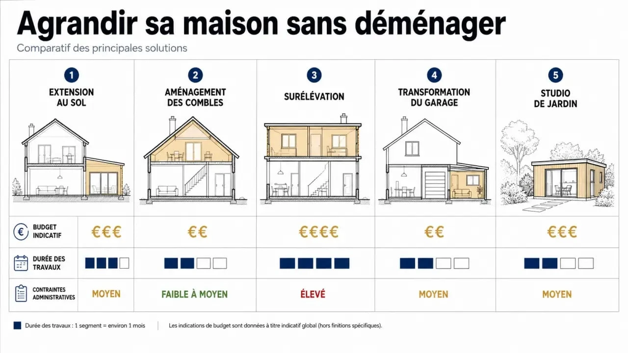 Comparatif visuel pour agrandir la maison avec les principales solutions, leurs coûts et leurs délais