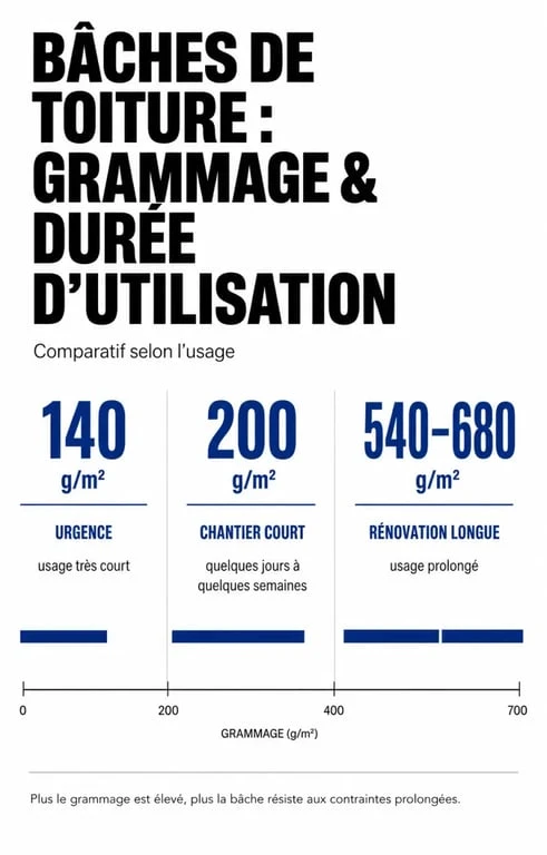 Tableau comparatif des bâches pour toiture selon le grammage et la durée d'utilisation
