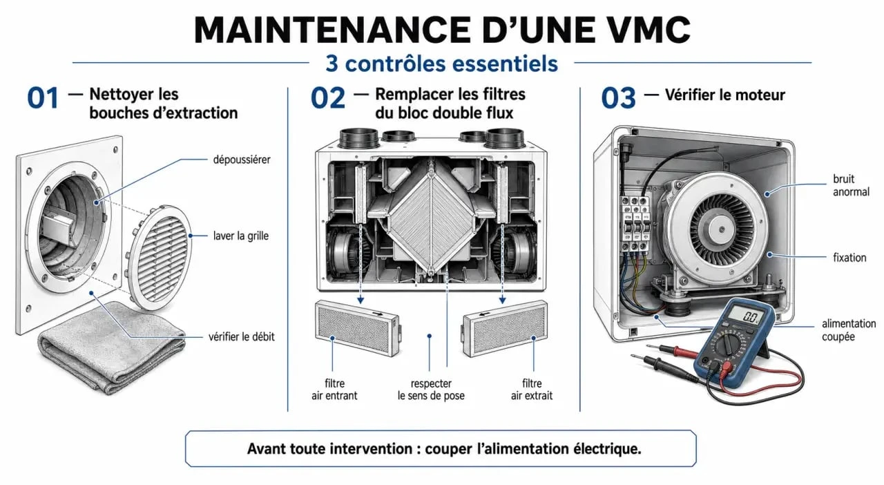 Schéma explicatif des étapes de maintenance d'une VMC pour un air intérieur sain