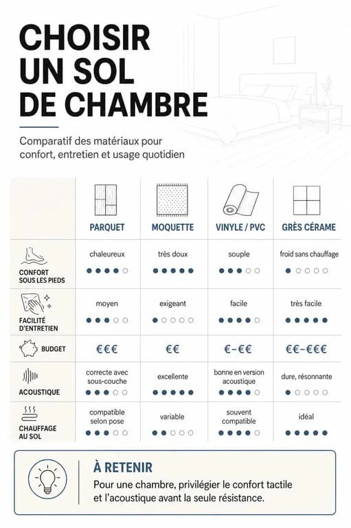 Infographie comparative pour choisir un sol chambre entre parquet, moquette, vinyle et grès cérame