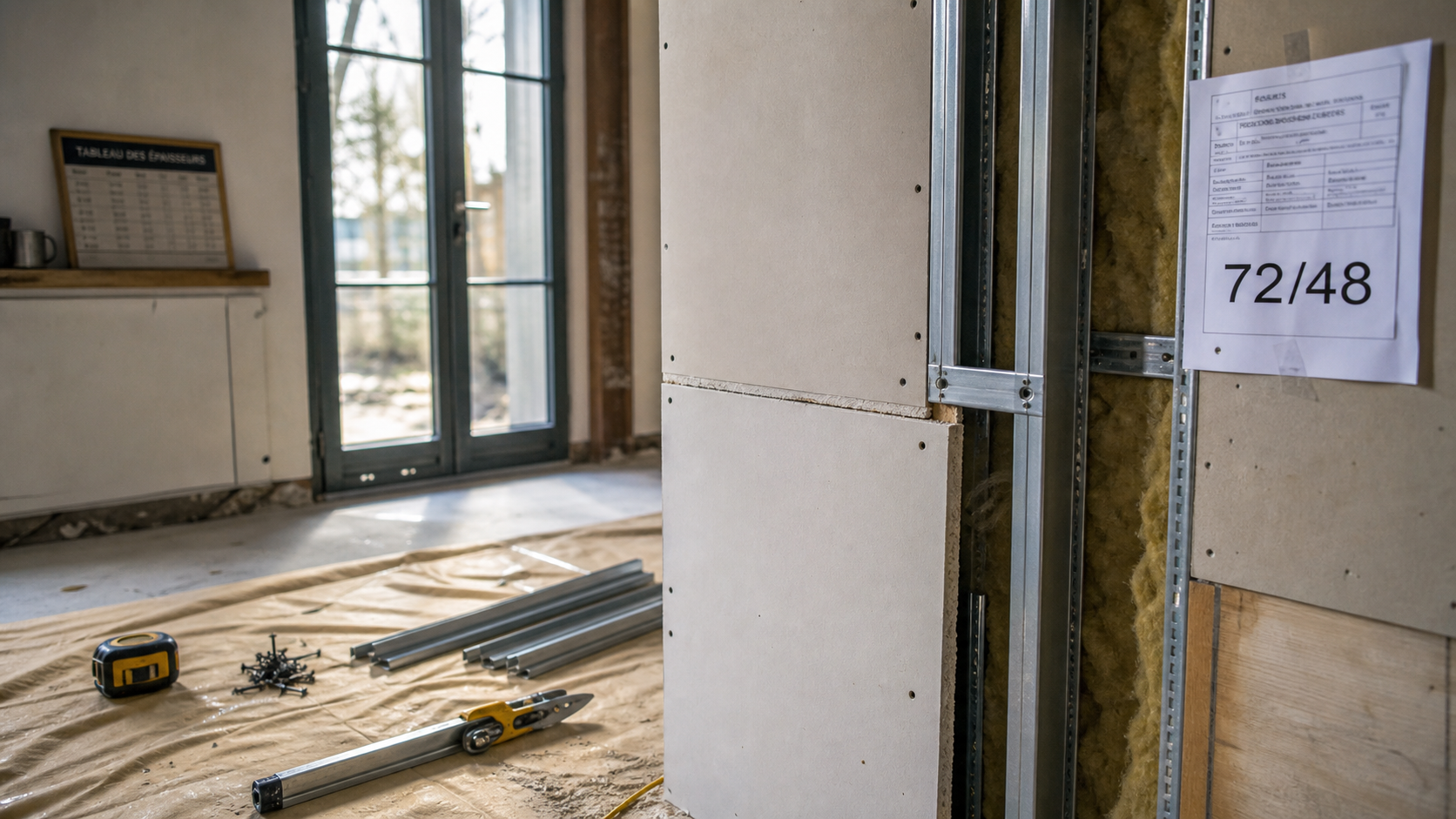 Epaisseur isolation placo 72/48, comparaison doublage 100 ou 147 mm en chantier