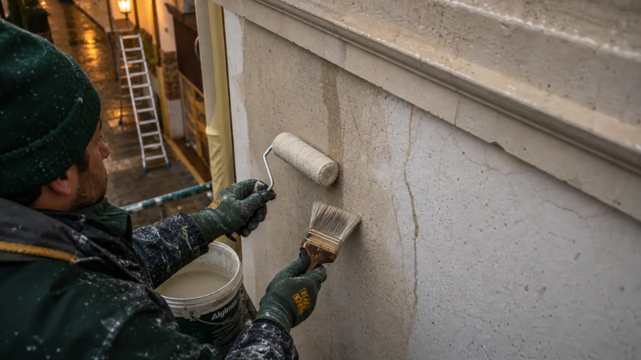 Étanchéité façade : hydrofuge invisible sur façade en enduit minéral, traces d’eau et microfissures