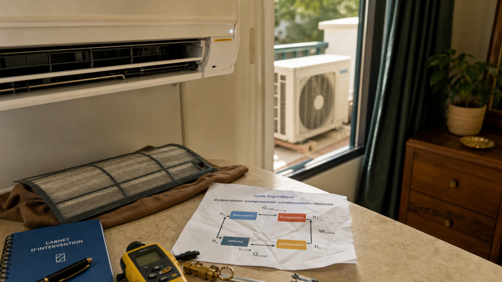 Fonctionnement climatiseur : fluide frigorigène, COP, erreurs et consommation