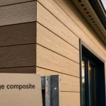 Maison en bardage composite beige pierre et bois, lames horizontales, façade durable