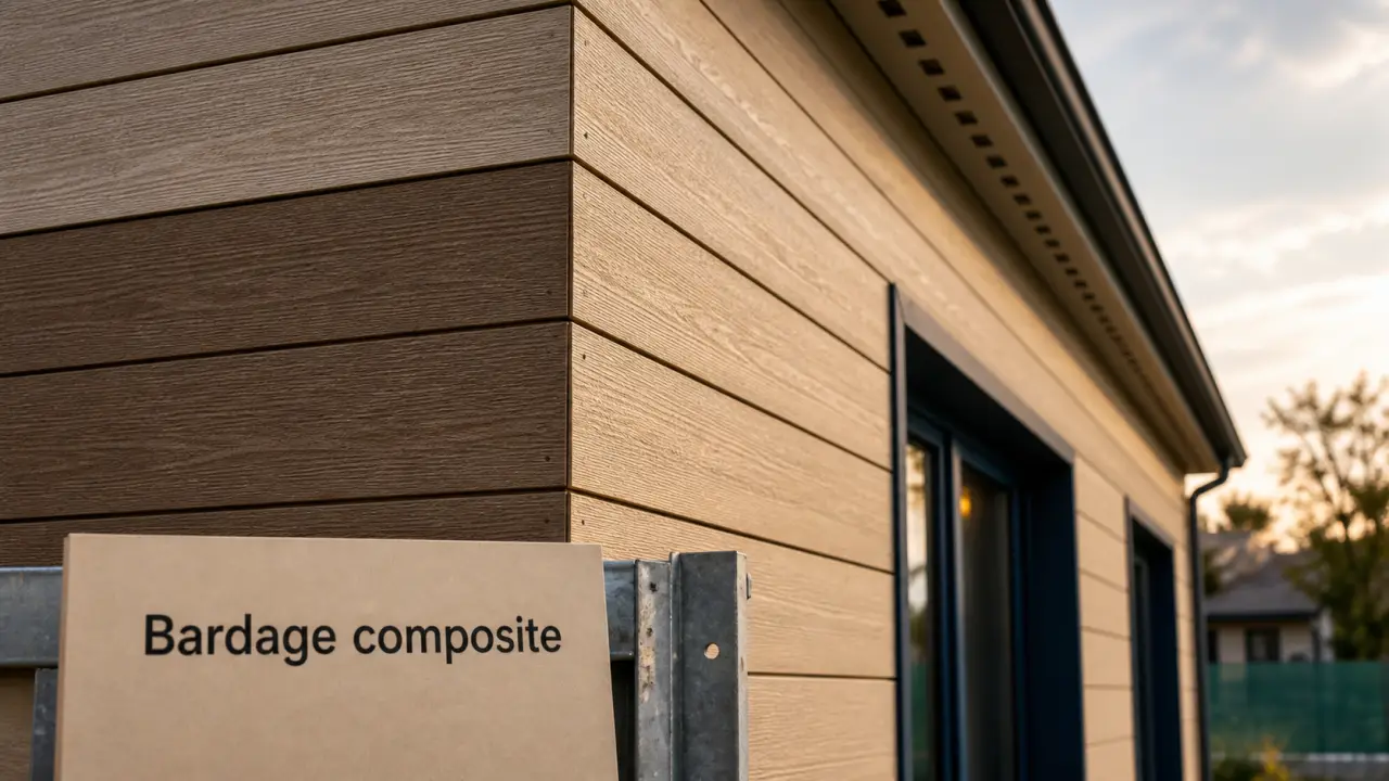 Maison en bardage composite beige pierre et bois, lames horizontales, façade durable