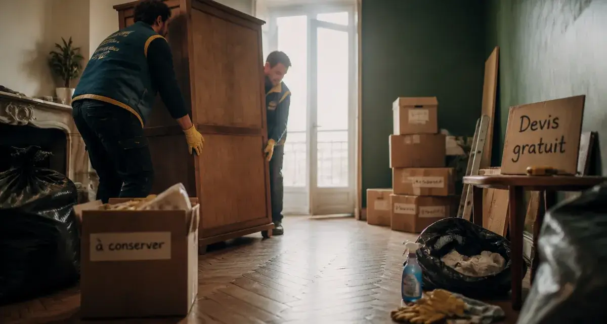 Nettoyage debarras : équipe soulève armoire, cartons à conserver, sol nettoyé
