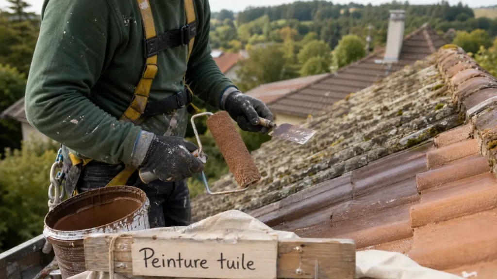Peinture tuile sur toiture en tuiles, peintre en extérieur
